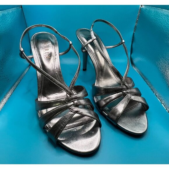 Ralph Lauren Achelle Silver Metallic sandle Heels 9B NIB Womens dress shoe - Picture 1 of 4